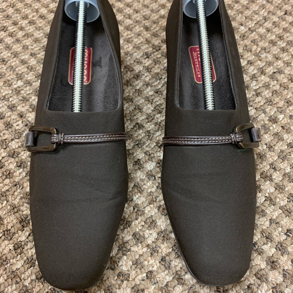 Munro slip on brown heeled shoes with buckle womens